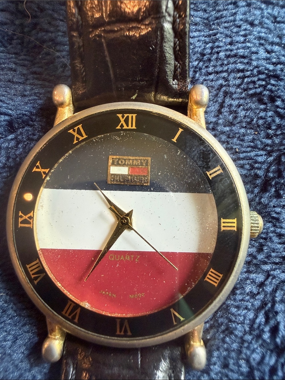 Tommy Hilfiger Gold-Tone Roman Numeral Watch with Blue, White & Red Dial